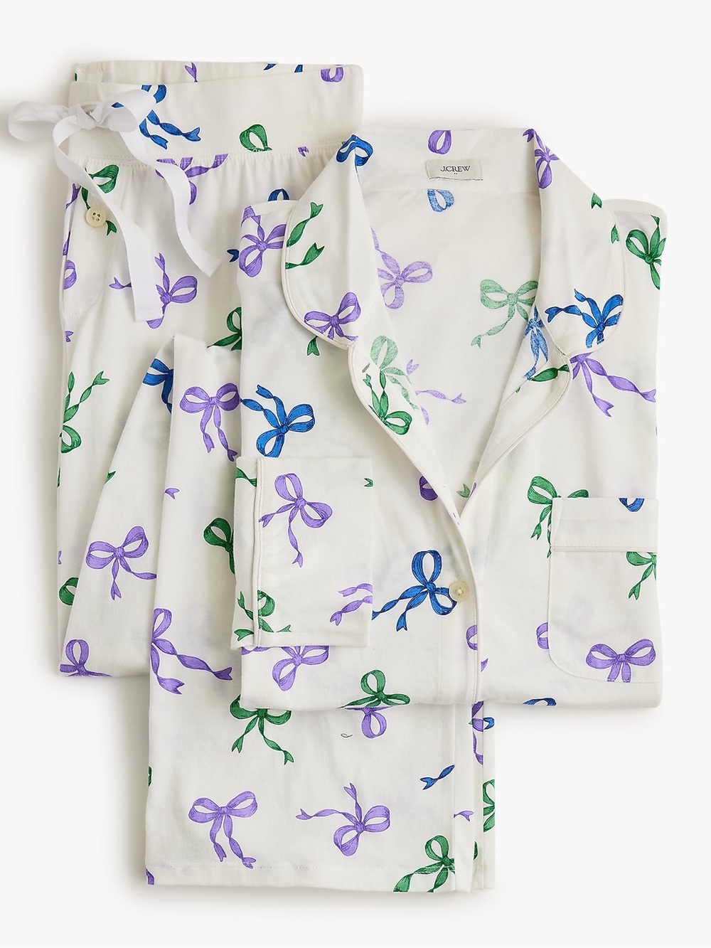 {J. CREW} Pajama Set Long Sleeve Button Front Top Pull On Bottoms Bows NWT